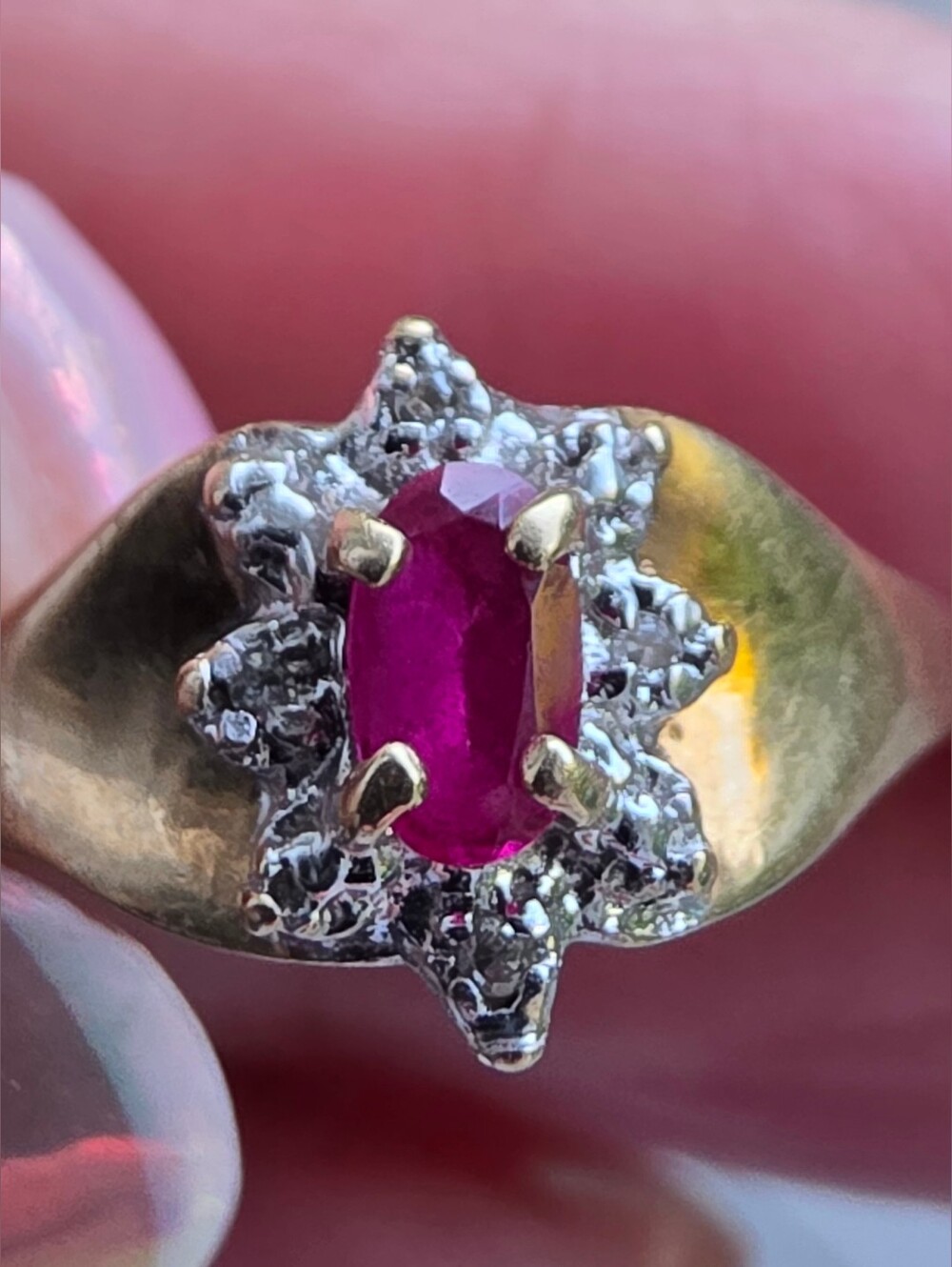 Vintage Two Tone Solid 10k Ruby And Diamond Cluster Ring